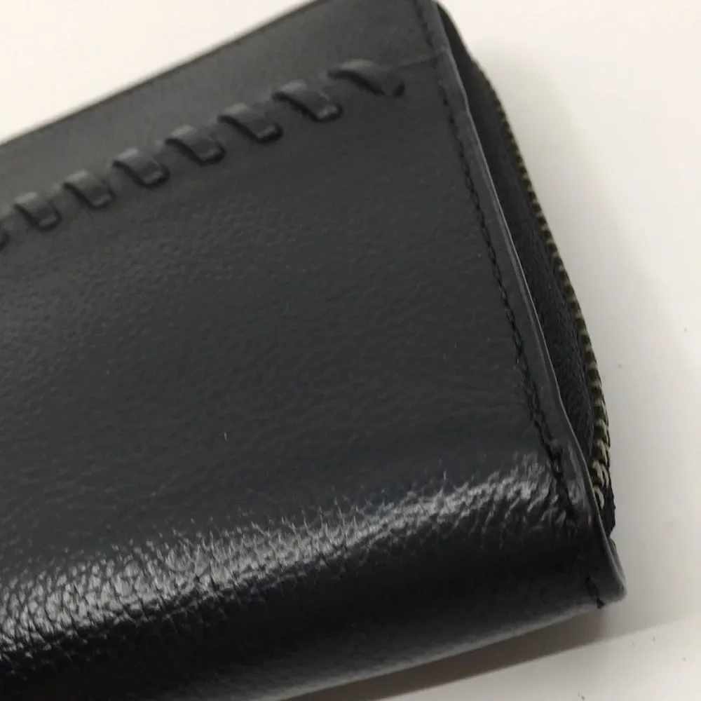 Coach Baseball Stitch Accordion Zip Wallet Black Smooth Calf Leather Unisex